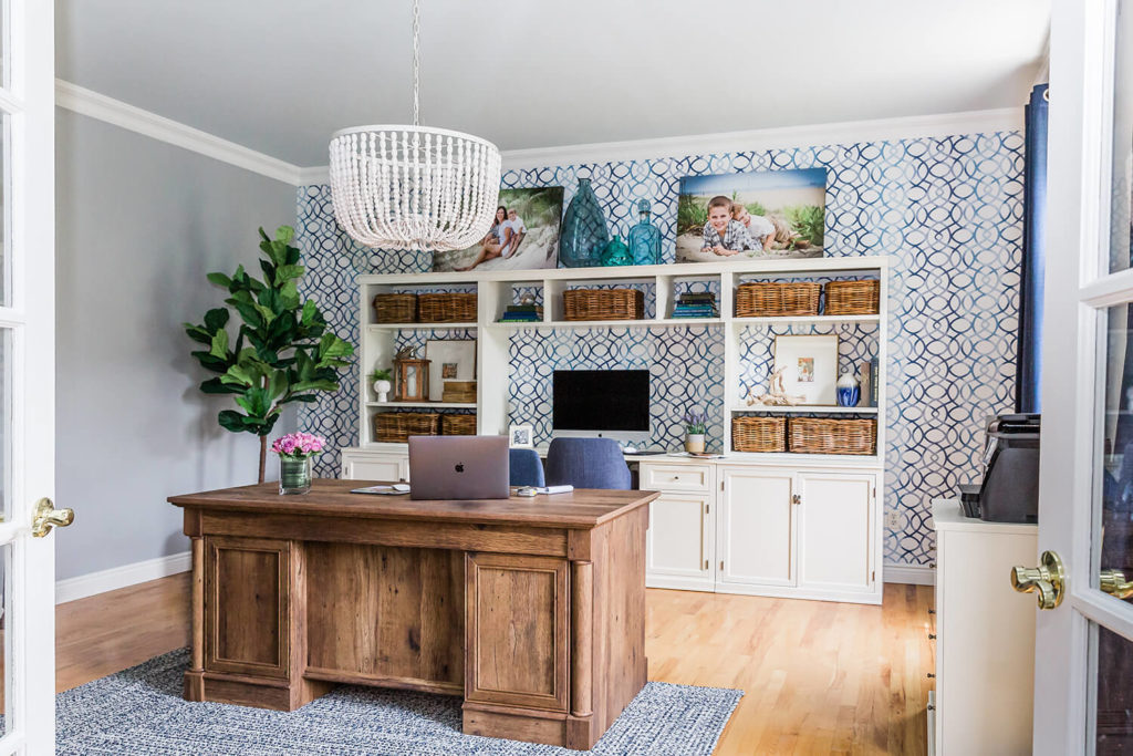 Blue and gray home office, coastal decor, beaded chandelier, ocean inspired, swirly geometric wallpaper